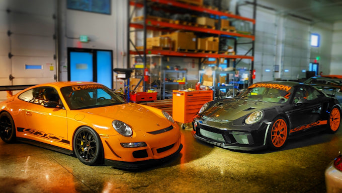 Two Dundon-built Porsche 911 GT3 RS in the Dundon Motorsports shop