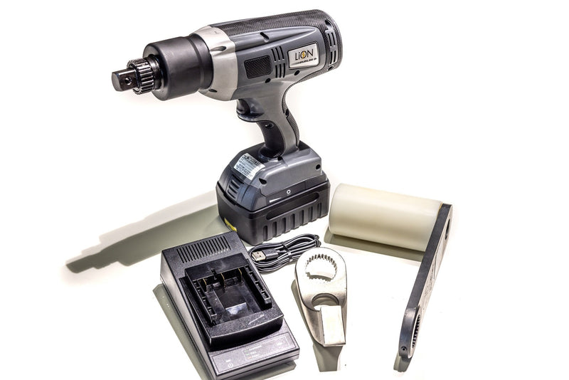 Hytorc LION Gun center-lock wheel tool with its charger